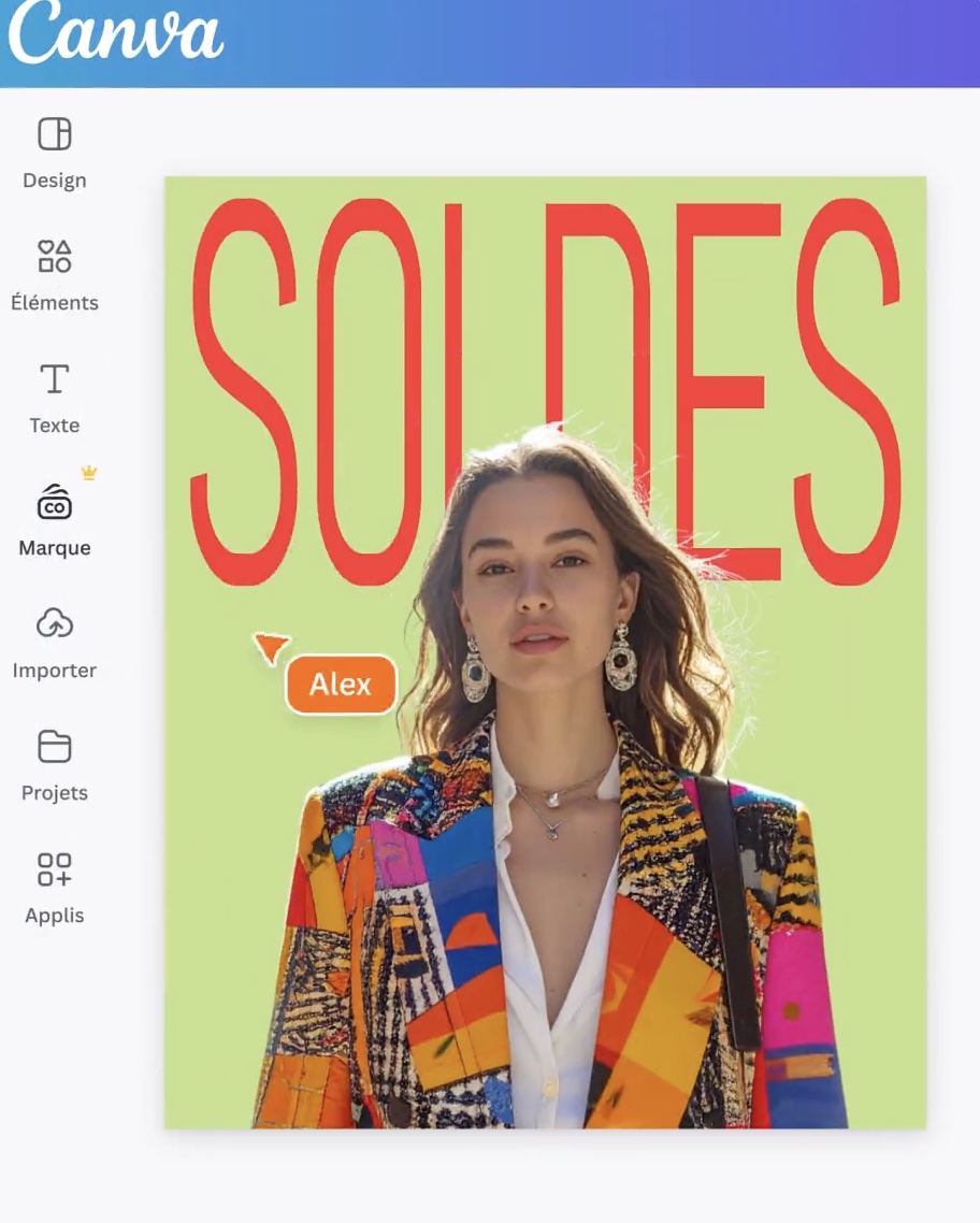 Création d'une affiche SOLDES dans l'interface Canva : barre latérale Design, Éléments, Texte, Marque, Importer, Projets, Applis