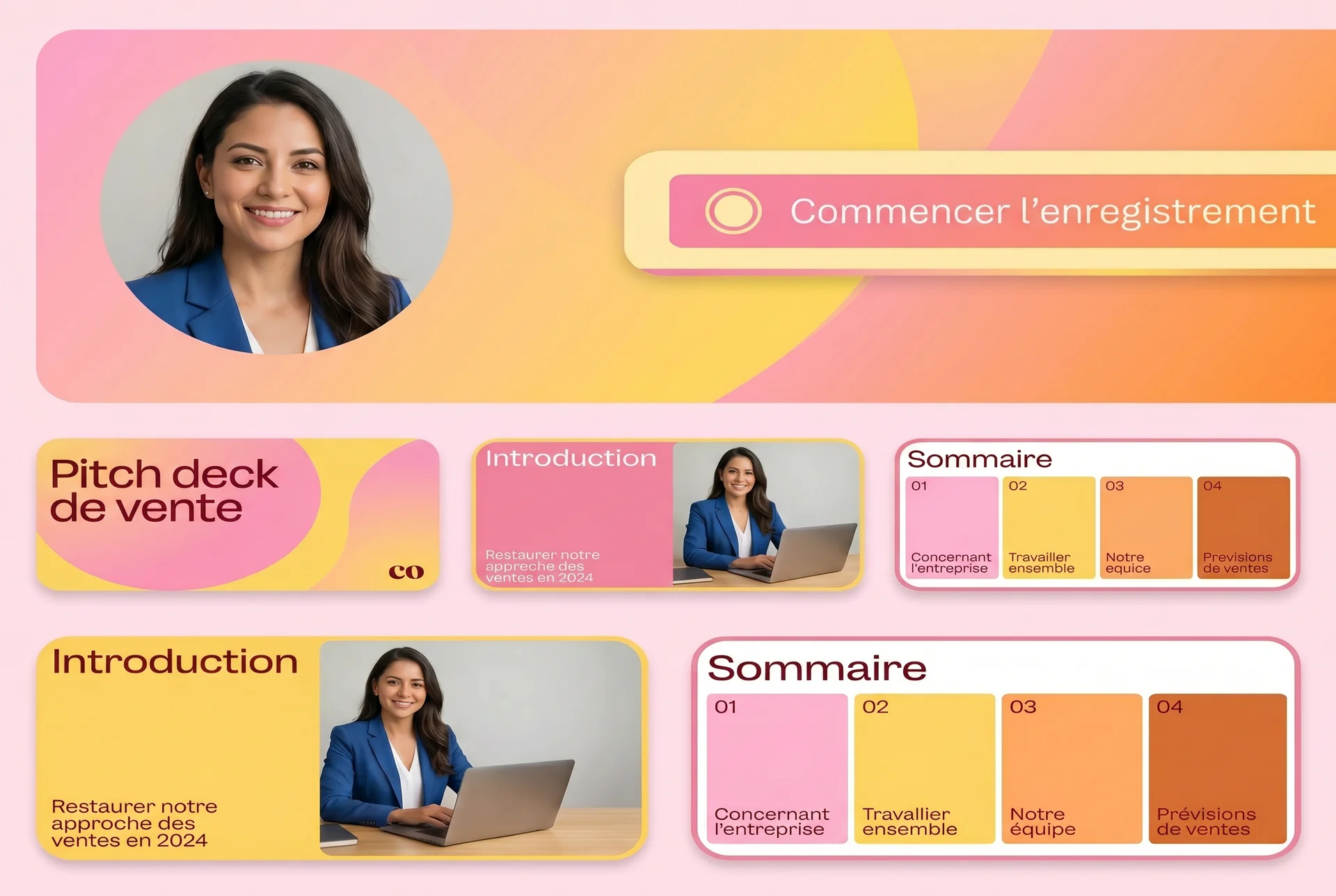 Pitch deck de vente créé sur Canva : couverture, sommaire et slides d'introduction
