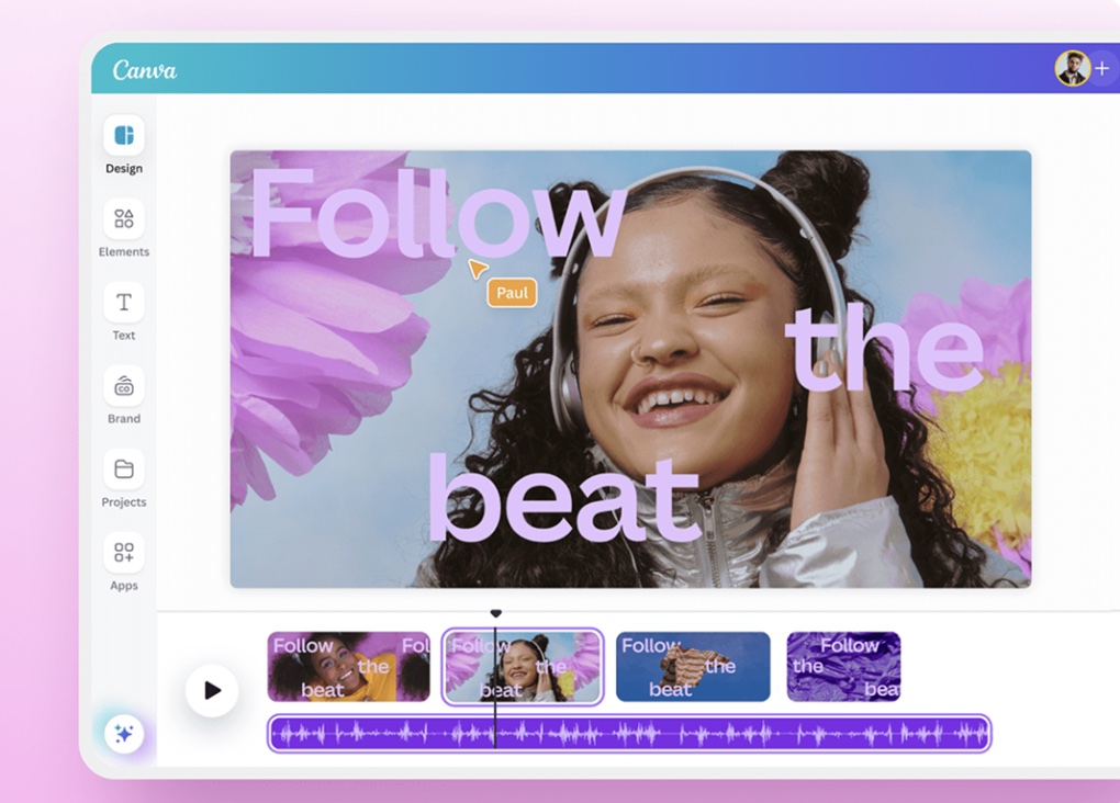 Interface Canva : édition d'une vidéo animée avec texte typographique 'Follow the beat'