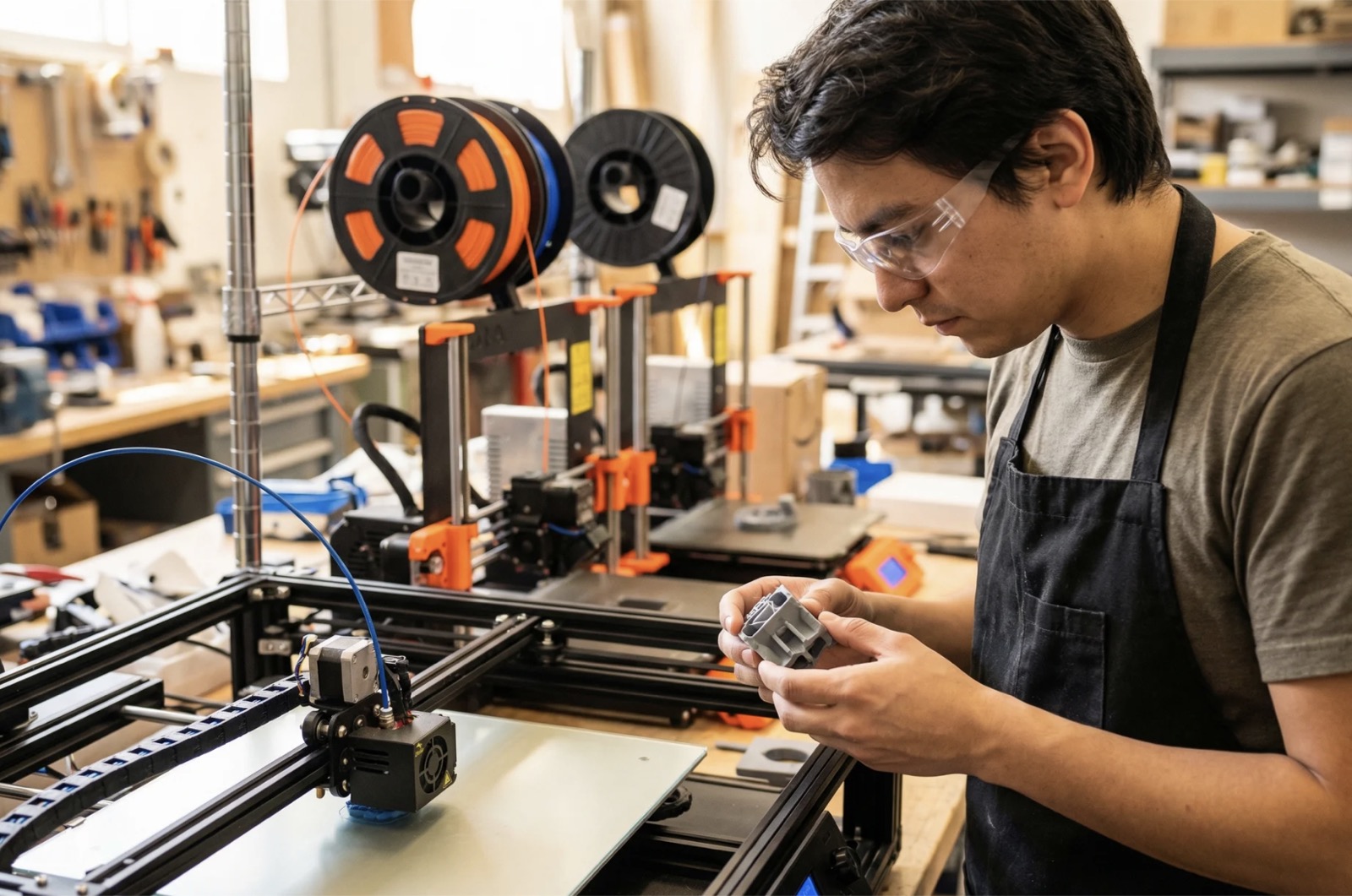 Apprenant One Learn manipulant une pièce imprimée à côté de son imprimante 3D