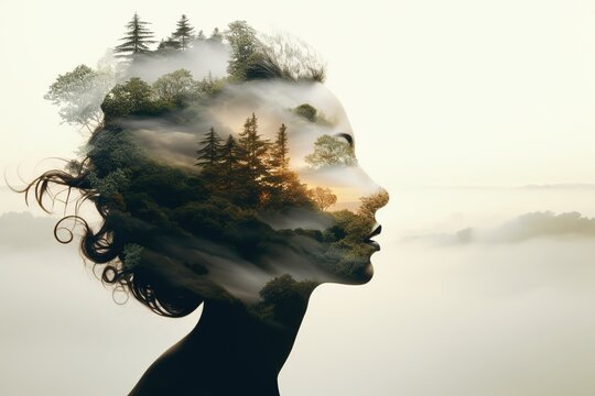 Double exposition femme et forêt réalisée sous Photoshop par un apprenant