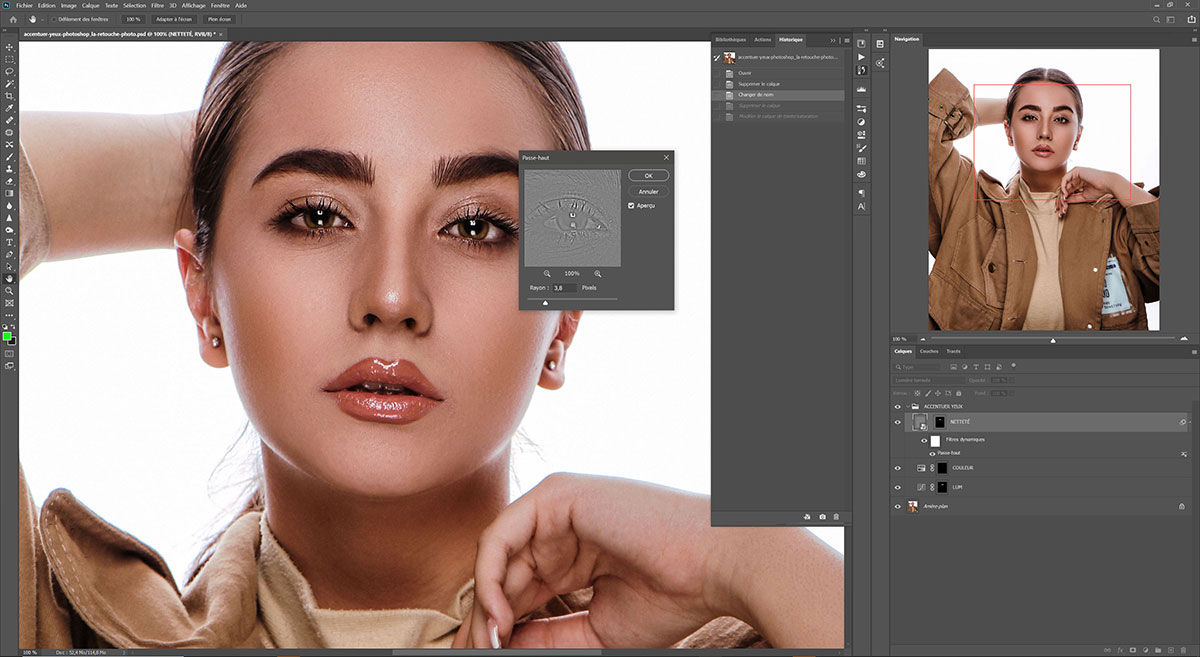 Retouche beauté d'un portrait (netteté, Passe-haut) réalisée sous Photoshop par un apprenant