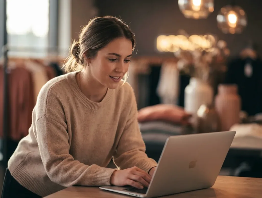 Gérante d'une boutique qui analyse ses statistiques sur son ordinateur